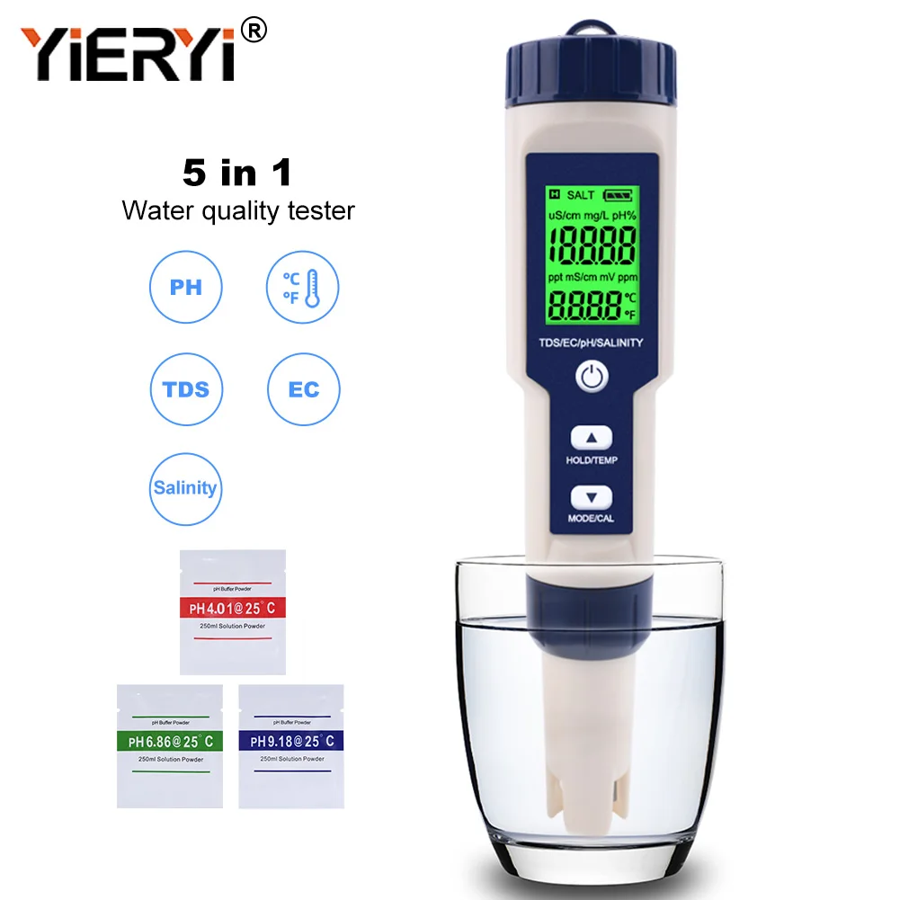 Yieryi 5 в 1 TDS/EC/PH/соленость/измеритель температуры цифровой монитор качества воды тестер для бассейнов, питьевой воды, аквариумов - изображение