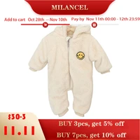 milancel 2021 winter baby clothes smile face toddler girls rompers hoodie boys jumpsuits fur lining baby outfit
