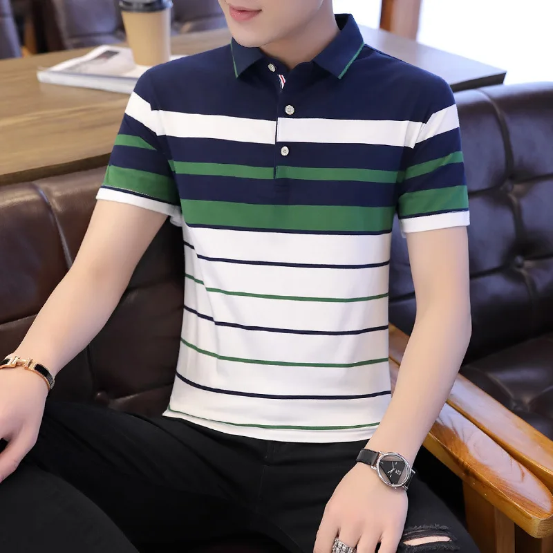 

Pure cotton short-sleeved striped POLO shirt men's Korean Slim casual fashion high-quality lapel top 2021 summer new style