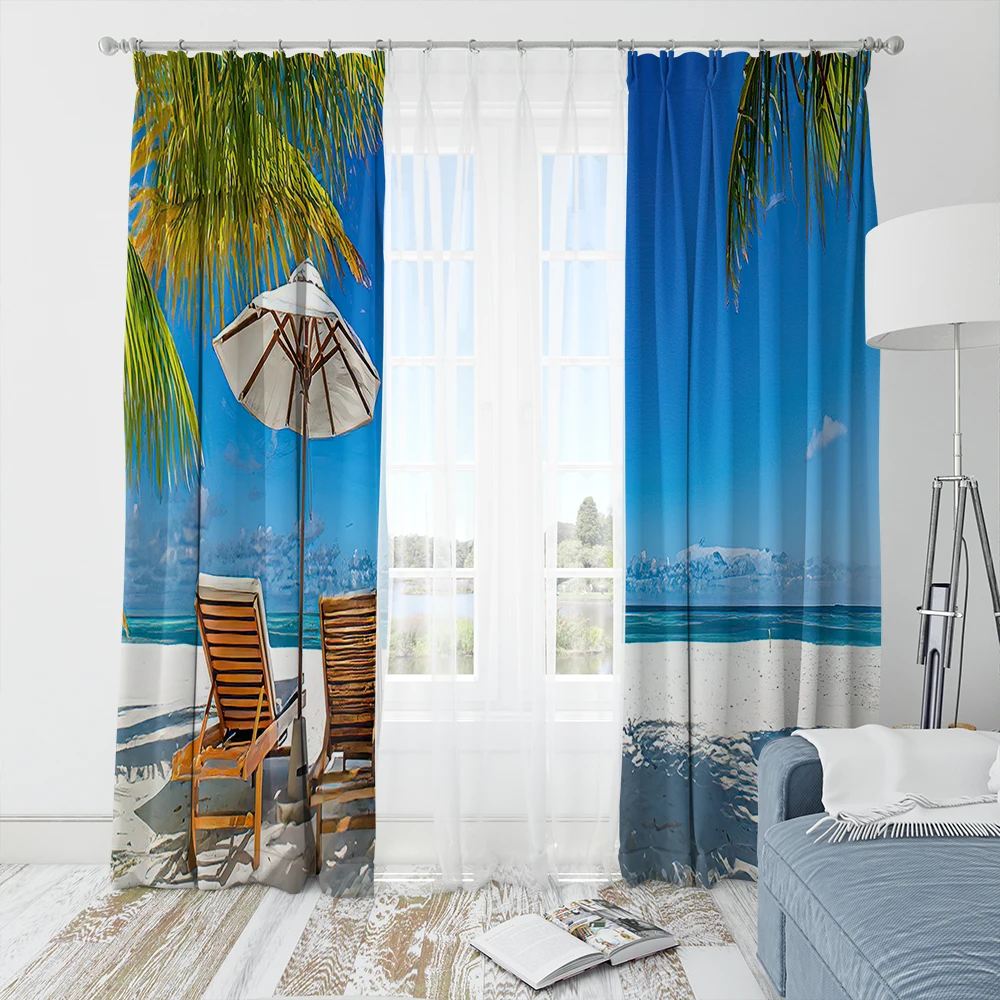 

Tropical Plants Sandy Beach Style Bedroom Living Room Decoration Curtain Hawaii Summer Vacation Home Modern French windows