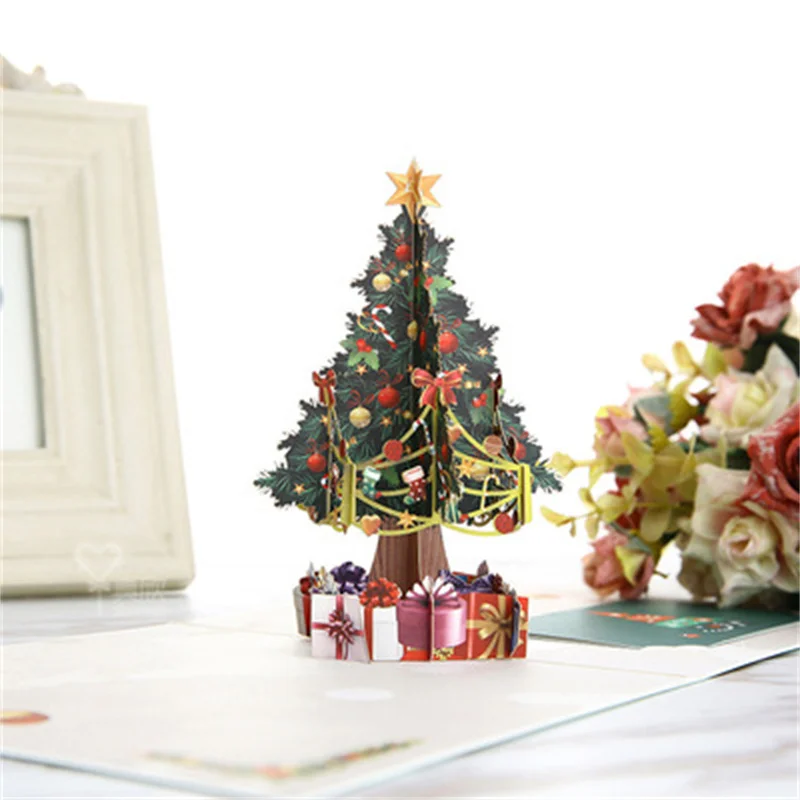 

50Pcs Merry Christmas Tree 3D Pop Up Greeting Card Handmade Appreciation Gifts Holiday Greeting Creative Hollow Carving