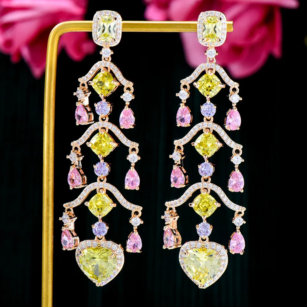 

GODKI Handmade Multicolor Heart Tassel Long Earring For Women Wedding Party Fashion Cubic Zircon Indian Dubai Bridal Jewelry