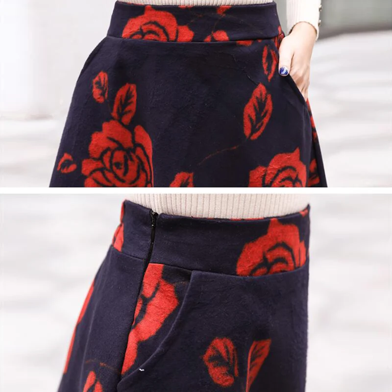 

Elegant Winter 2019 Maxi Skirt Women Streetwear High Waist Long Skirt Big Size Wool Saias Vintage Print Floral Red Ladies Skirts