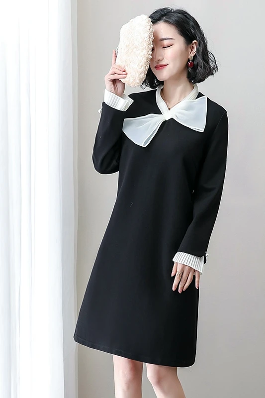 Новое винтажное женское платье с бантом свободное тонкое французское черное 917 |