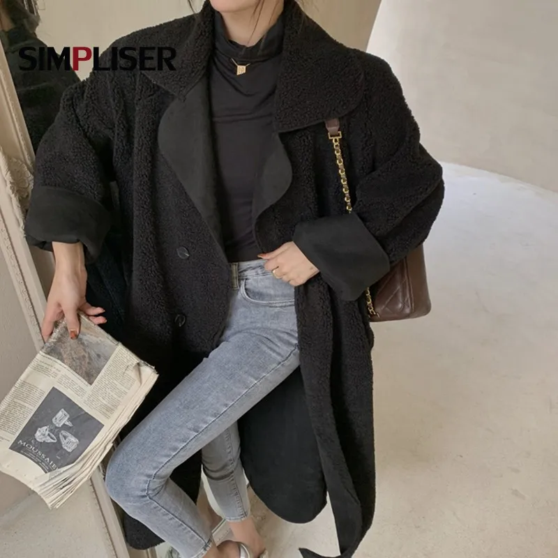 

Thickened Lambwool Long Coat Women Winter Overcoat Turn-down Collar Double Breasted Outwear Ladies Black White Loose Wool Coat