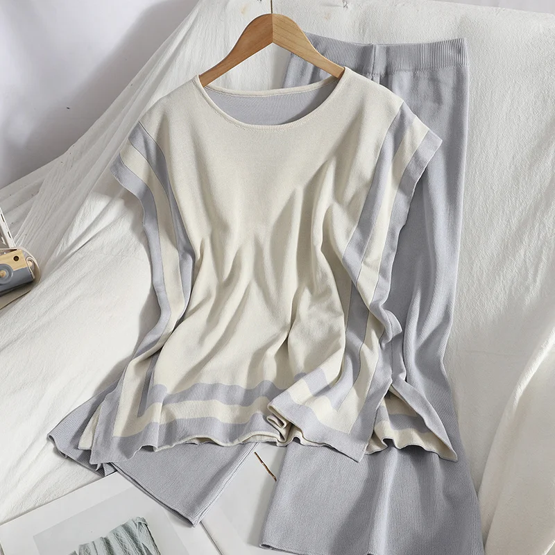 

Модный повседневный вязаный комплект из 2 предметов, женский свободный пуловер, свитер и брюки с широкими штанинами, вязаная одежда, универс...