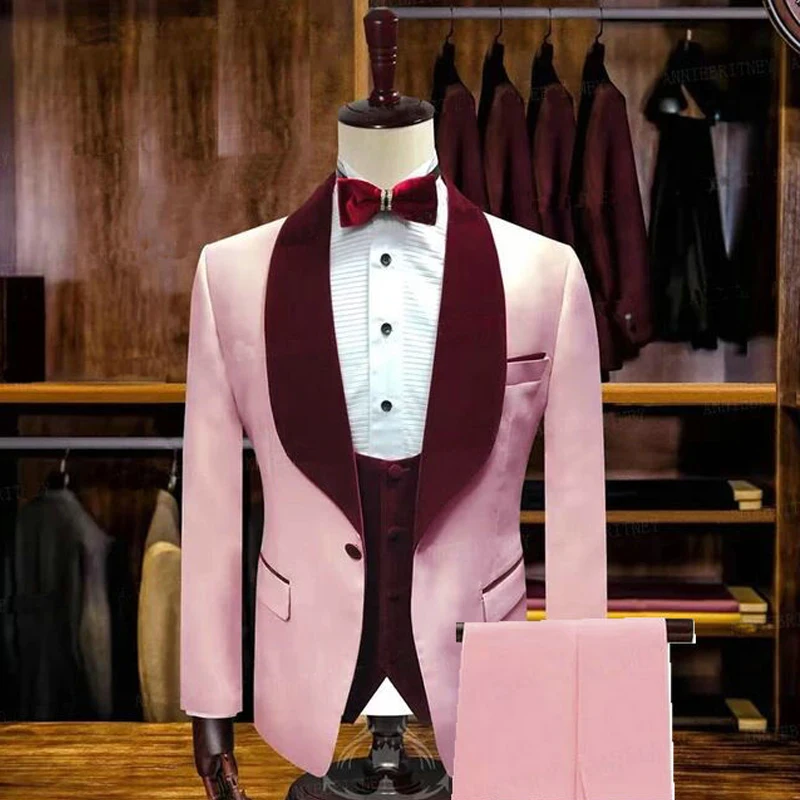 

Pink Men's Slim Fit Suits with Burgundy Velvet Lapel 3 Pieces Formal Wedding Groom Tuxedo for Dinner Prom Male Fashion Blazer
