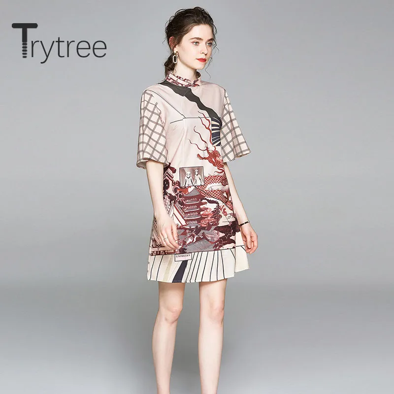 

Летнее женское Повседневное платье Trytree, платье-трапеция с воротником-стойкой и рукавом-бабочкой, модное элегантное темпераментное платье ...