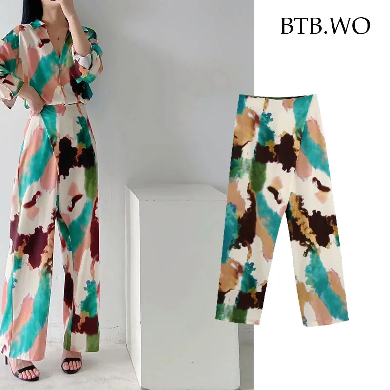 

BTB.WO Za 2021 Women Chic Fashion Side Pockets Printed Straight Pants Vintage High Elastic Waist Loose Female Trousers Mujer