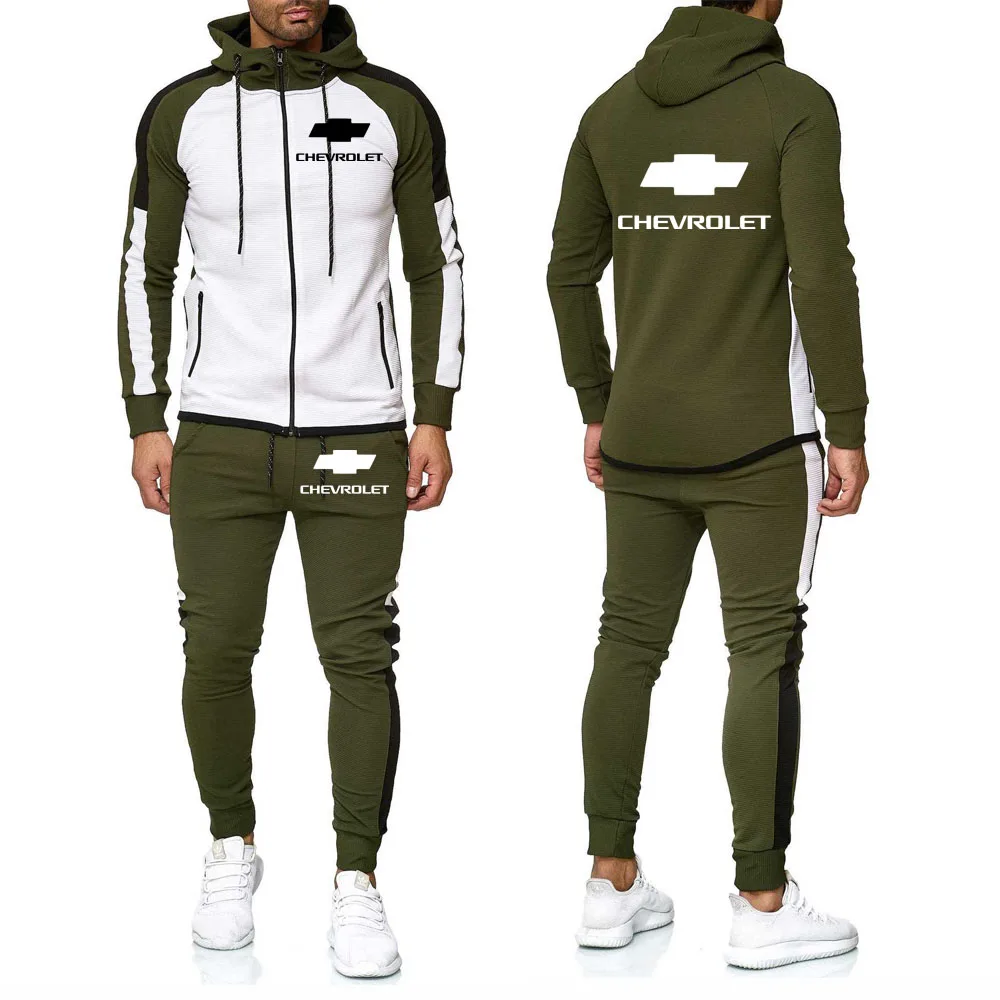 

New 2020 Men's jackets Chevrolet Car Logo Printed Sweatshirt Fashion Casual stitching Men's jackets Long sleeve+Pants 2Pcs Suit