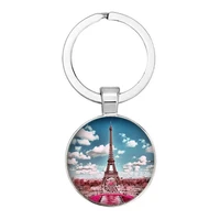 romantic paris eiffel tower key chain art lady stroll drawing design glass pendant cute key chain key ring female bag jewelry