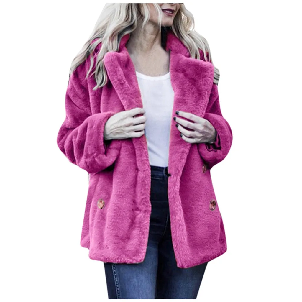 Hot Pink Осеннее зимнее женское пальто повседневное свободное одноцветное длинное плюшевое пальто женское винтажное размера плюс толстые куртки из искусственного меха пальто белое#3 - Цвет: Hot Pink