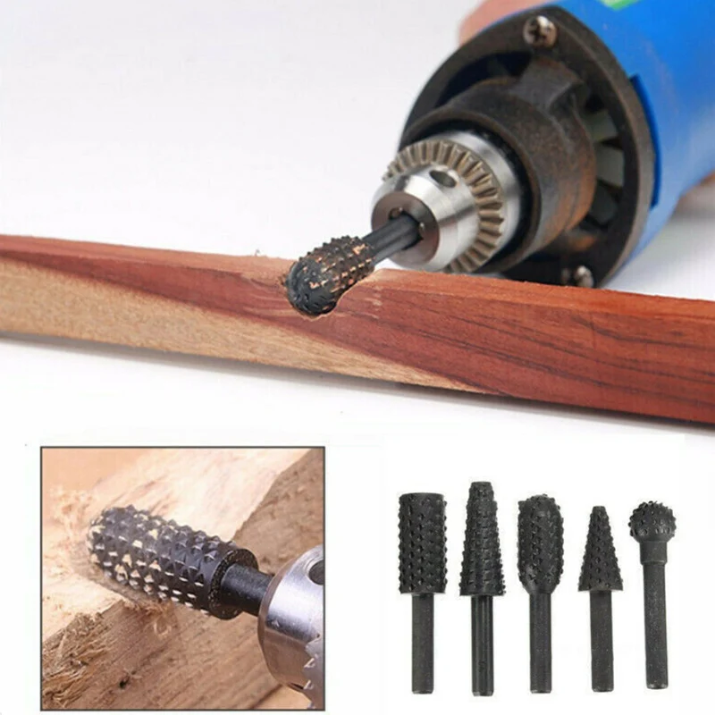 5pcs Steel Rotary Rasp File 1/4 Shank Rotary Craft Files Rasp Burrs Wood Bit Grinding Power Woodworking Hand Tool Carving knife