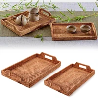 woven rectangular storage basket handmade rattan food tray fruit basket with handle for breakfast drink snack severing plate