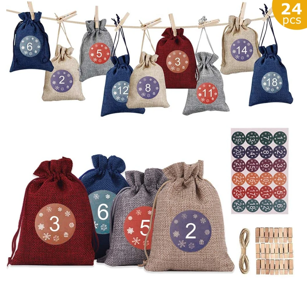 

24 шт./упаковка на завязках льняные сумки с рождественским рисунком конфетные сумки многоразовые льняные карманы на шнурке с наклейками дер...