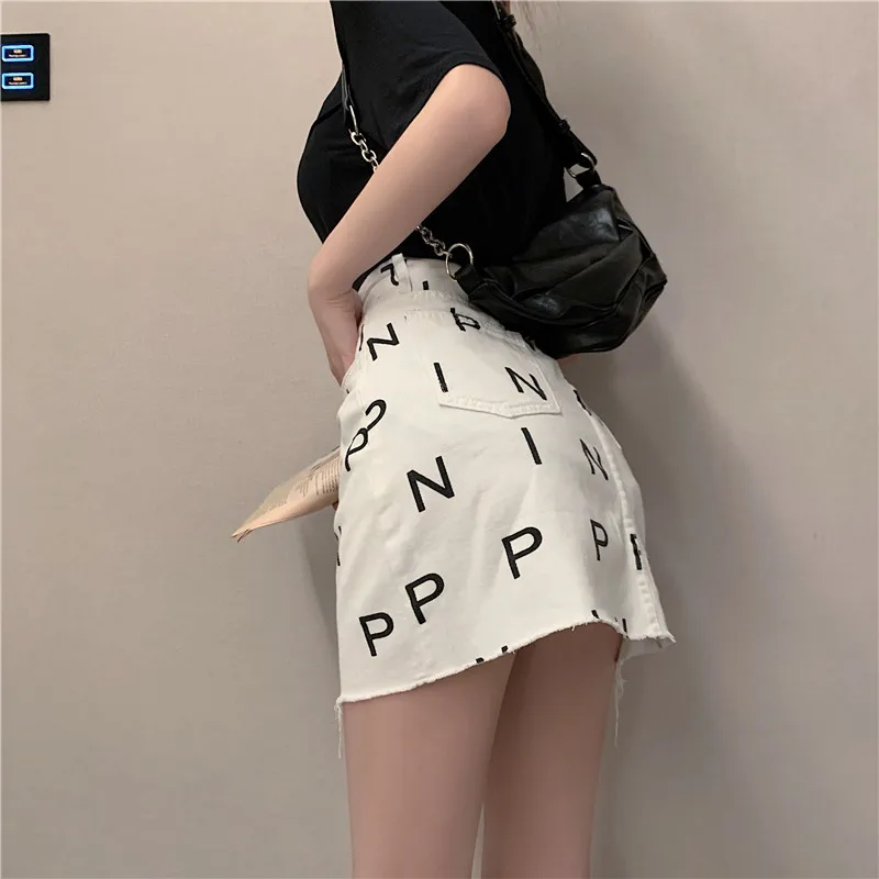 

Letter Print Summer Pencil Skirts Women High Waist A-Line Elegant Vintage Casual Cotton Mini Skirts Hip Pop Streetwear 2020 W923