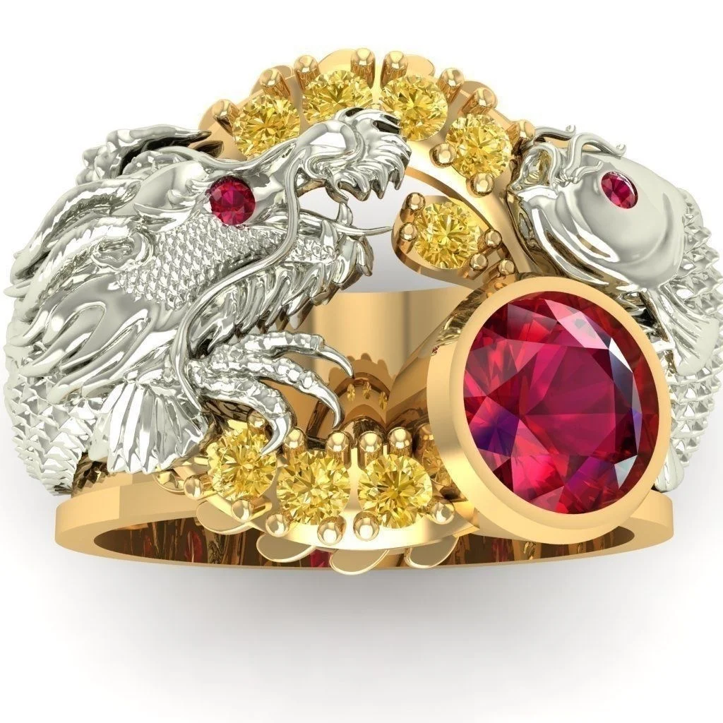 

Luxury Exquisite Two-tone Inlay Animal Dragon Rings for Men Banquet Wild Dragon and Phoenix