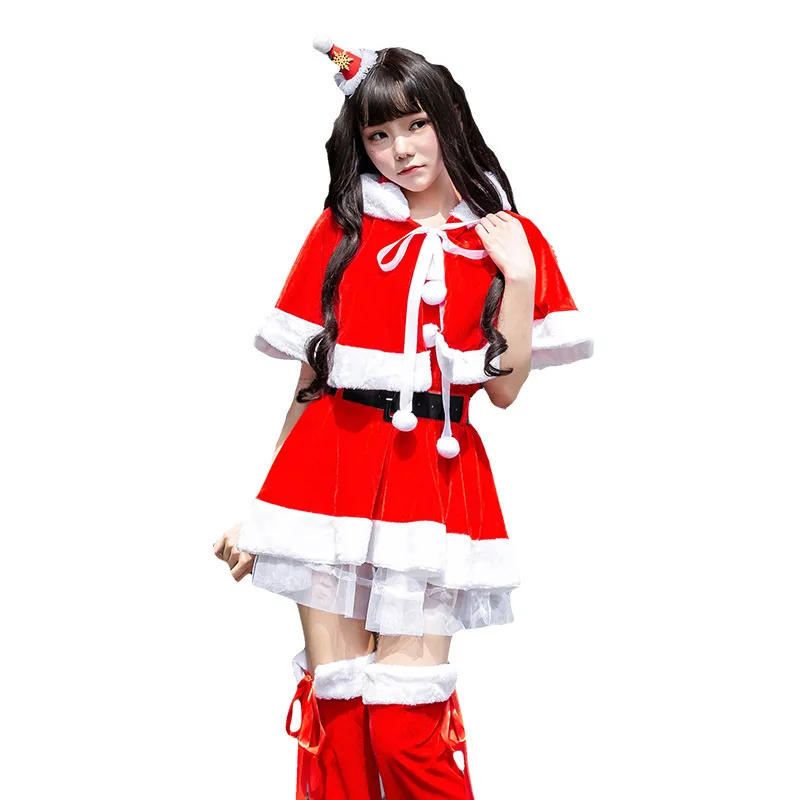 Christmas Velvet Red Dress Mrs Santa Claus Fancy Cloak Hoody Cape Set Women Holiday Cosplay Clothes Party Dress Xmas Outfit