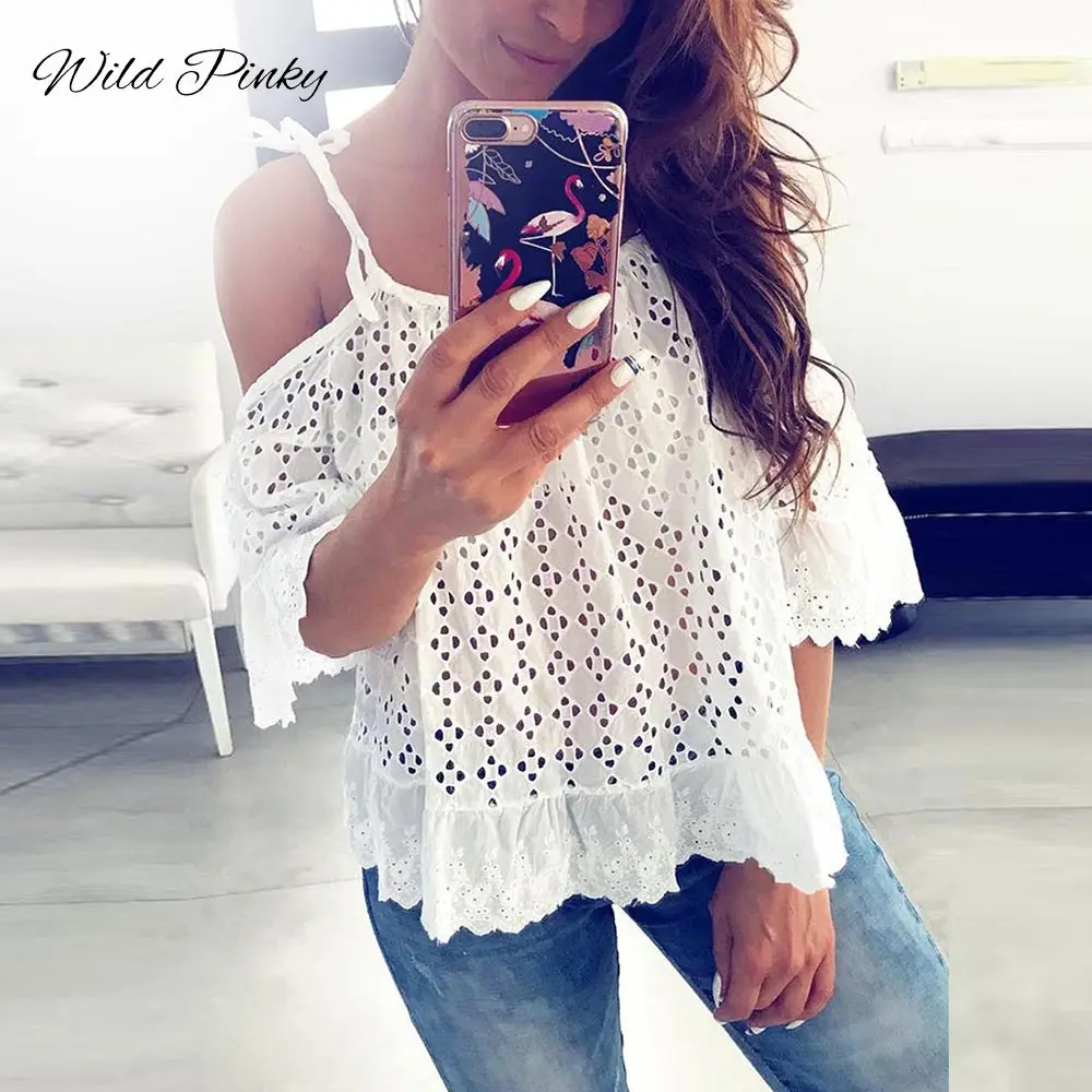 

WildPinky Hollow Out Women Blouse Shirt White Cold Shoulder Female Tops Shirt Elegant Ruffled Ladies Top Female Strap Blouses