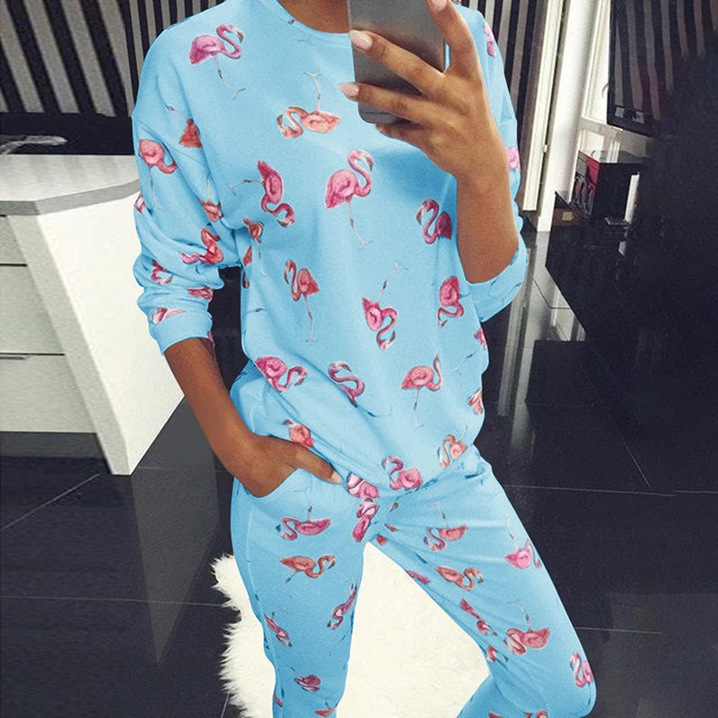 

2021 Spring Pyjamas Women Long Sleeve Pajama Sets Cartoon Flamingo Couple Pajamas for Women Sleepwear Flower Pijama Mujer