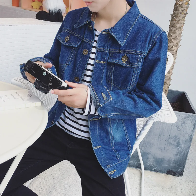 

Spring New Hong Kong Style Men's Outerwear Jacket Denim Jacket Solid Blue Jacket Cotton Casual College Windbreaker Jackets