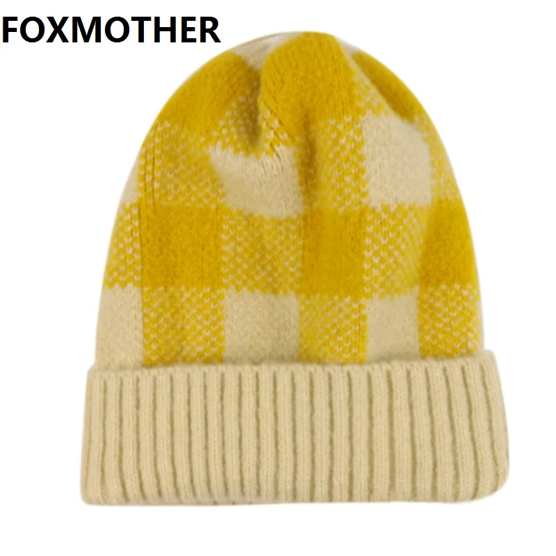 Yellow FOXMOTHER новые модные зимние Желтые красные клетчатые трикотажные шапки без полей шапки теплые Skullies женские лыжные уличные - Цвет: Yellow