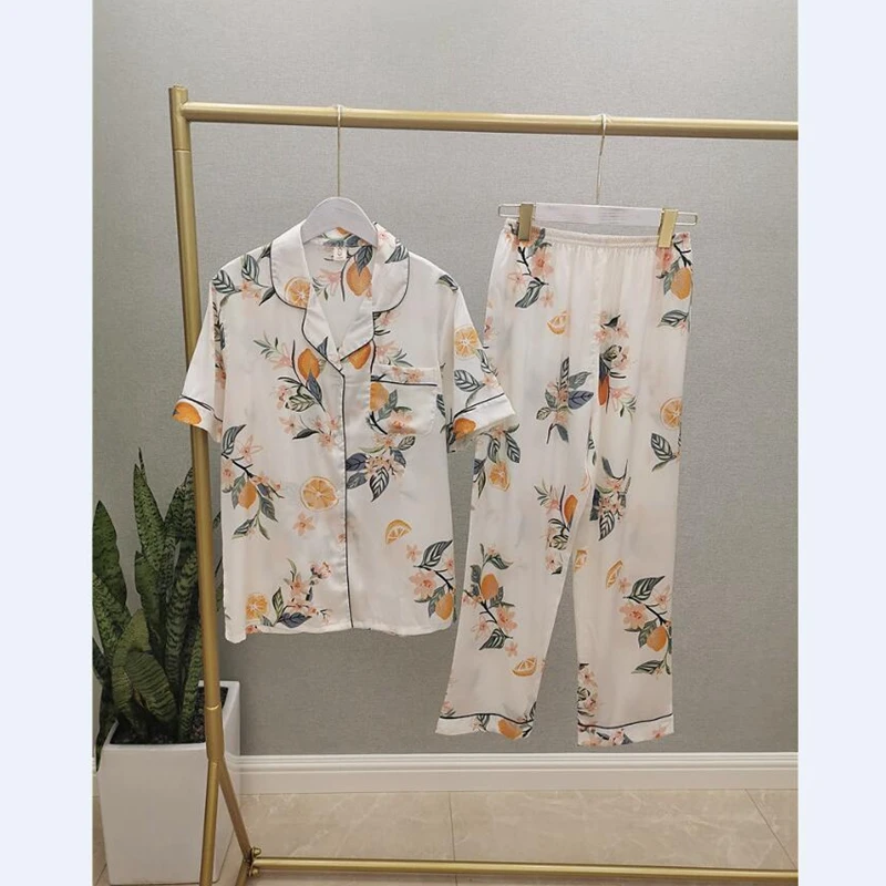 Женские шелковые пижамы с принтом Smmoloa Длинные атласные коротким рукавом летние