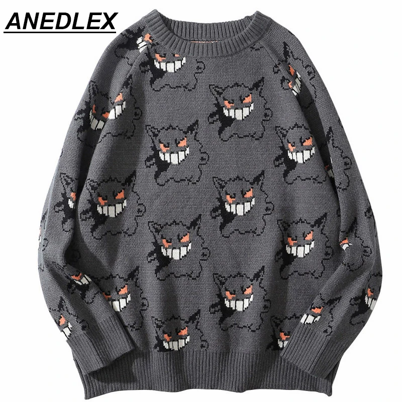 

2021 Autumn Men Knitted Sweater Hip Hop Streetwear Dark Style Devil Print Pullover Harajuku Cotton Loose Women Sweater Pullover