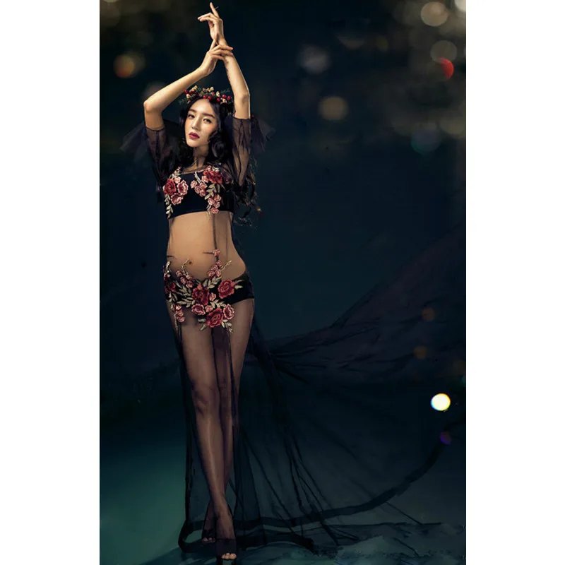 

Flower Embroidery Maternity Dresses Photography Sexy Lace Long Sleeve Maternity Set Clothes Maternity Dresses for Photo Shoot