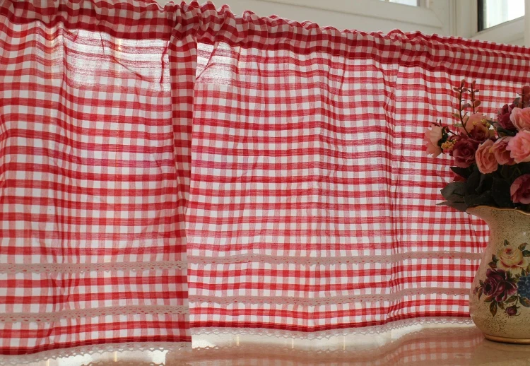 Красно-белые синие и белые хлопковые маленькие клетчатые Короткие шторы с