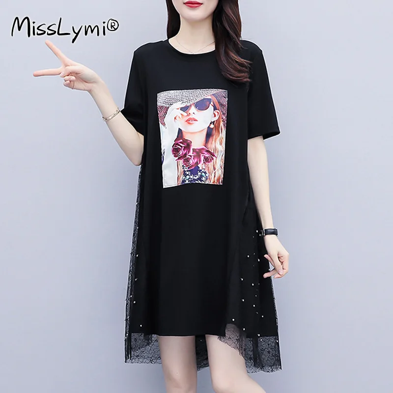 

5XL Plus Size Women Rivet Dress Summer 2021 Print Patch Short Sleeve Cotton Tshirt Patchwork Loose Mesh Asymmetric Dresses Black