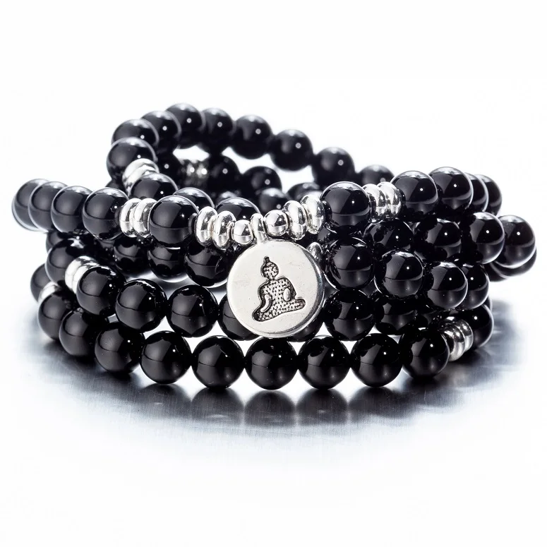 blackagate buddha 108 бусы натуральные камни Мала Будда Лотос дерево чакра Йога пара очарованные эластичные браслеты - Окраска металла: blackagate buddha