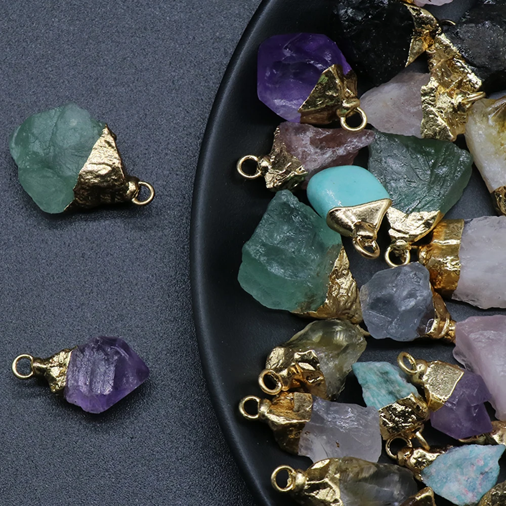 

3PC Natural Healing Stone Necklace Pendant Rose Quartz Turquoise Crystal Agate Rough Golden Plated Charms For DIY Jewelry Making
