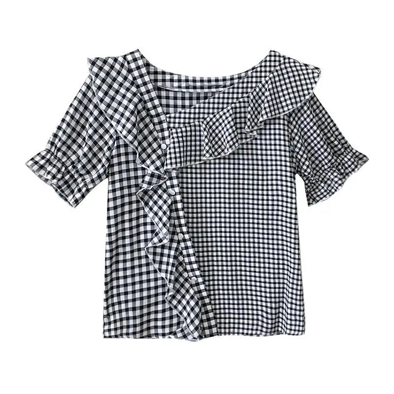 

Women Plaid Shirts Summer Ruffles Lantern Sleeve Skew Collar Blouses Loose Button Fashion High Street Pullovers Korean Tops