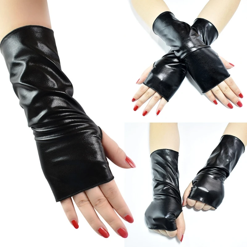 

Women Punk Faux Patent Leather Short Fingerless Gloves Party Half Finger Mittens T5UF
