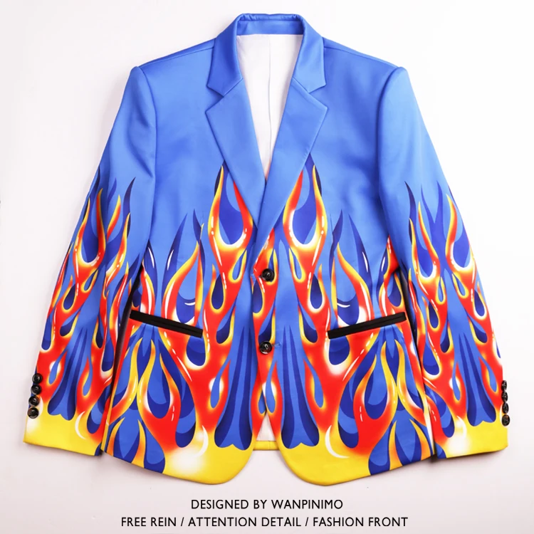 

New Men Custom Made Bar Nightclub Outfit Male Singer DJGD Trendy Stretch Blue Flame Night Suit Costume Set (Blazer+Vest+Pants)