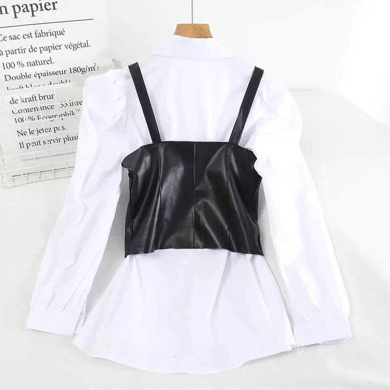 

KUSAHIKI Spring Women 2pieces Outfits Puff Sleeve Blouse Shirt + Single Breasted PU Leather Vest Korean Elegant Sets 6E895