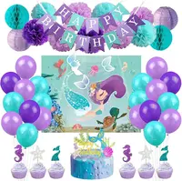 Mermaid Birthday Party Decorations Kit Mermaid Cake Topper Background Tissue Poms Poms Flower for Girls Baby Shower Supplies
