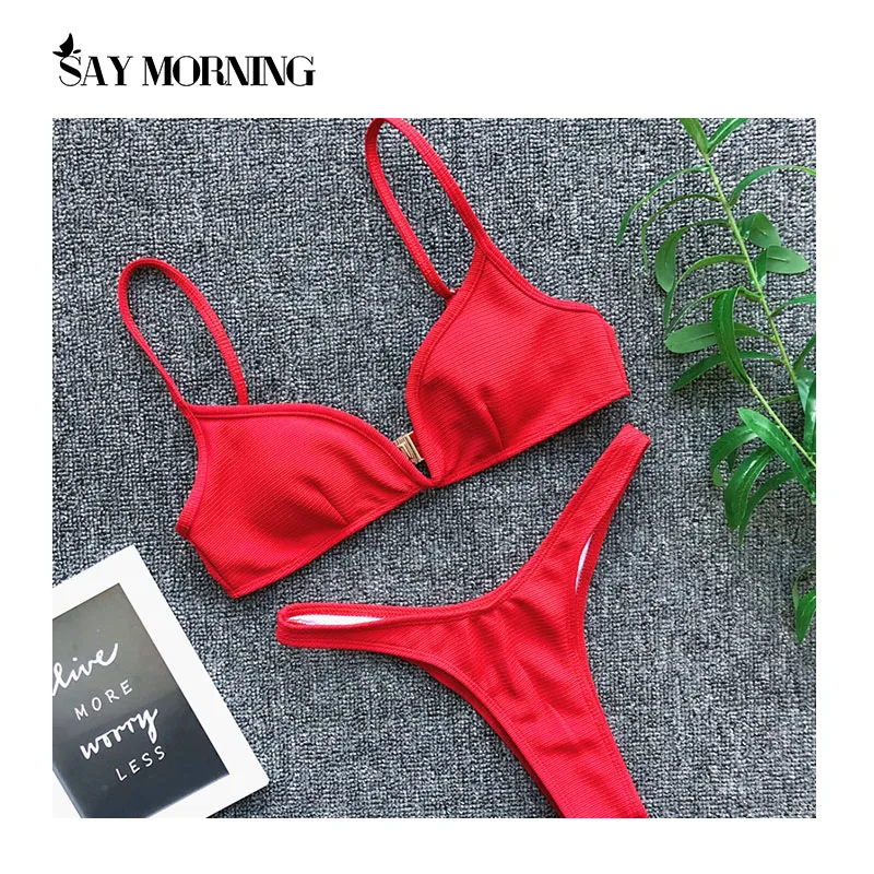 Комплект бикини с V-образным вырезом и открытой спиной однотонный лето 2021 |