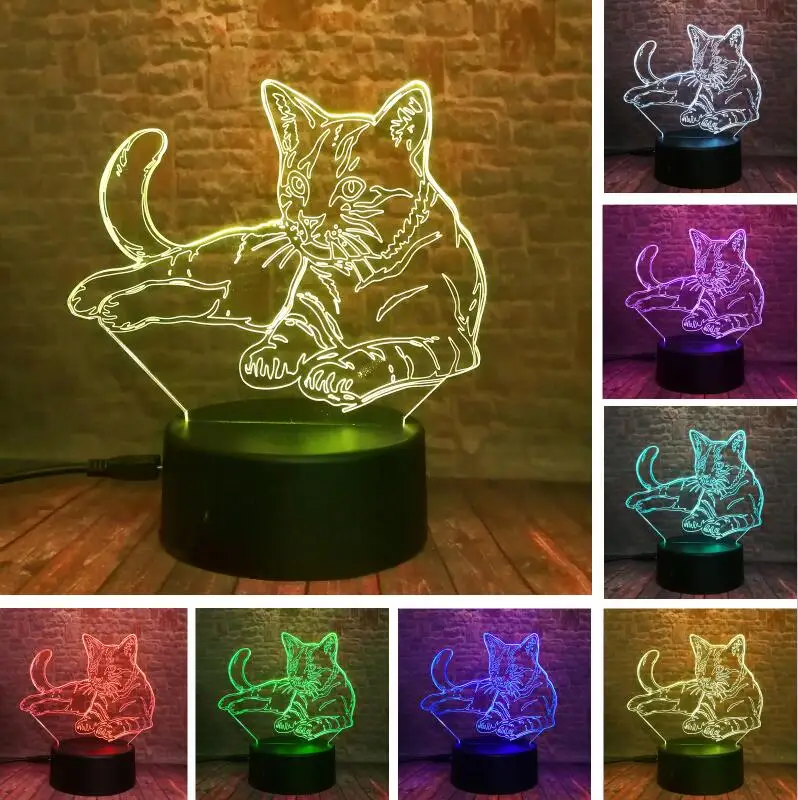 Милый 3D уютный лежащий светодиодный светильник для отдыха с кошкой, ночник USB Touch, 7 цветов, светильник для детской спальни, детские рождественские вечерние лампы, подарки - Испускаемый цвет: Touch 7 Color