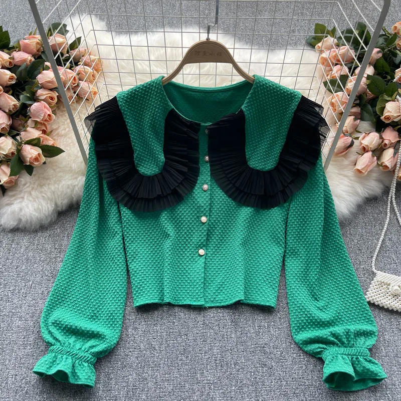 

A853 Women New Fashion Autumn Top Shirt Female Lace Splicing 2021 Baby Collar Long Sleeve Elegant Blouse