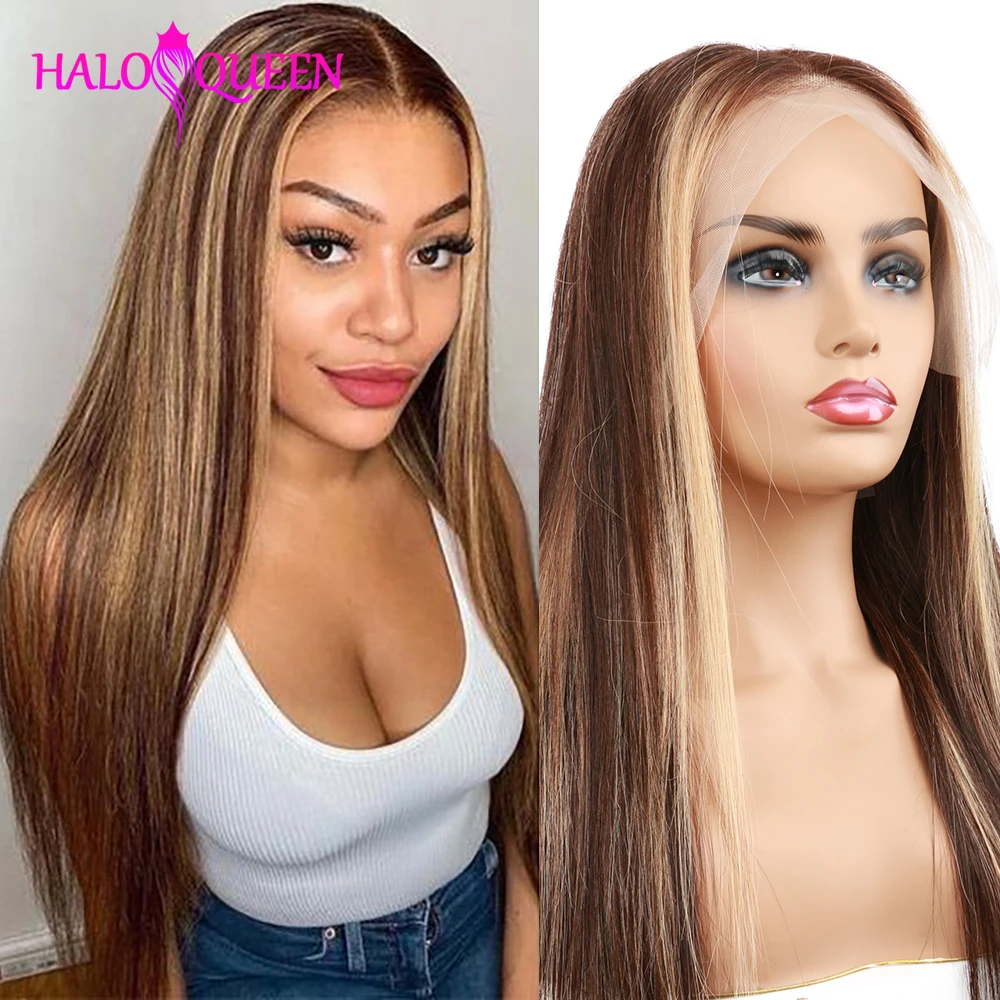 P4/27 Highlight Straight Lace Front Wig Human Hair Wigs Frontal Blonde Ombre Brown Colored Prepluck Remy | Шиньоны и парики