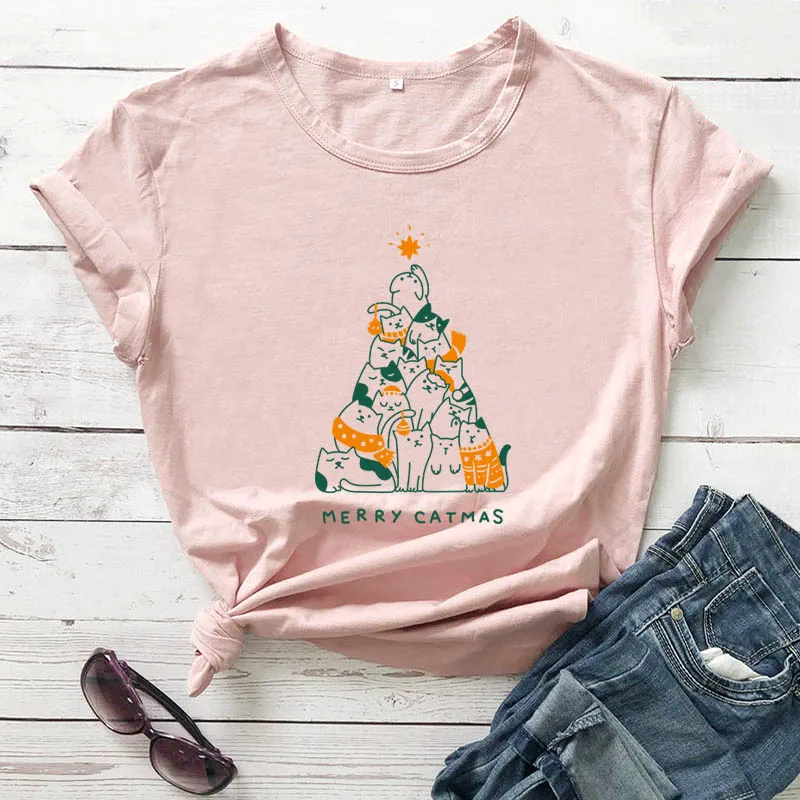 Веселый Кот цветной принт Женская забавная Повседневная футболка из 100% хлопка