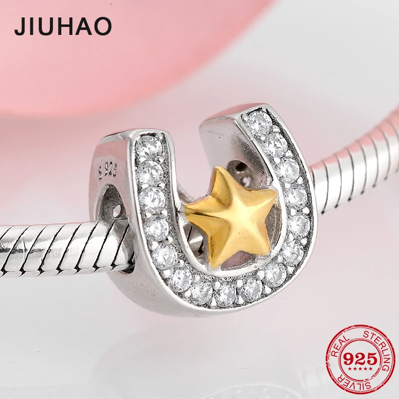 925 Стерлинговое Серебро подковы форма с золотой звездой CZ Подвески из бисера
