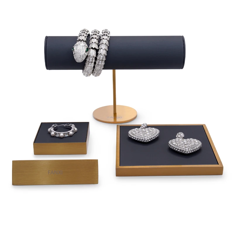 Oirlv Newly Metal Jewelry Display Prop Sets Light Luxury PU Leather Bracelet Ring Earrings Display Rack for Shop Cabinet