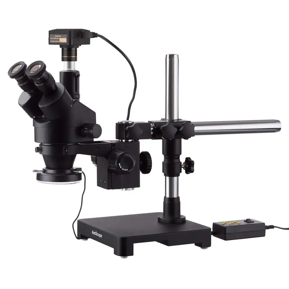 

3.5X-45X Black Trinocular Stereo Zoom Microscope on Single Arm Boom Stand + 144 Direction Adjustable LED Ring Light & USB3.0 3MP