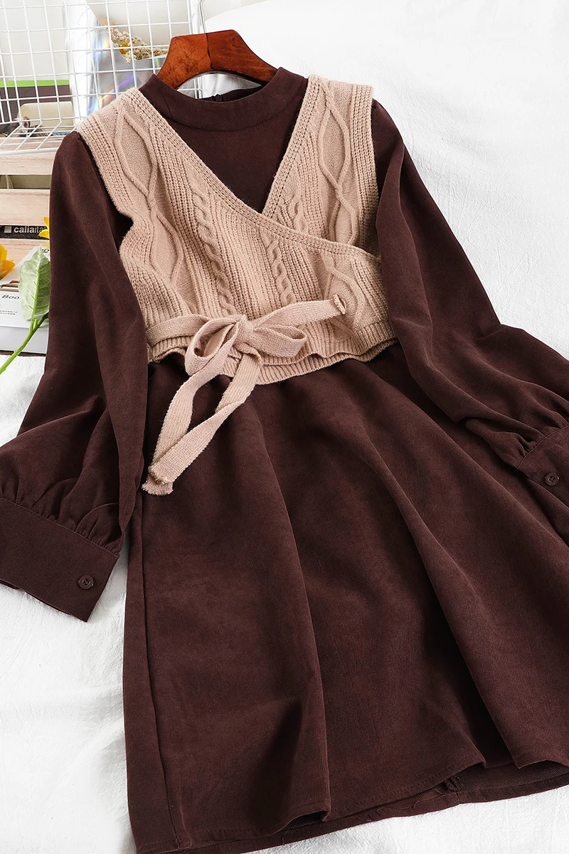 

2021 Korean Version of The New Product Small Two-piece Dress Female Autumn and Winter Vest Outer Wear + Short Skirt Lady Fashion