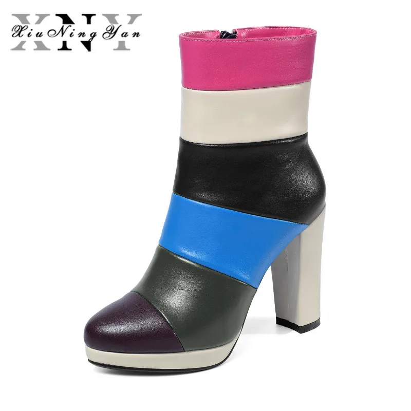 

XIUNINGYAN Brand Women's Boots Genuine Leather Ankle Boots High Heels Handmade Mixed Clors Ladies Casual Sneakers Shoes Woman