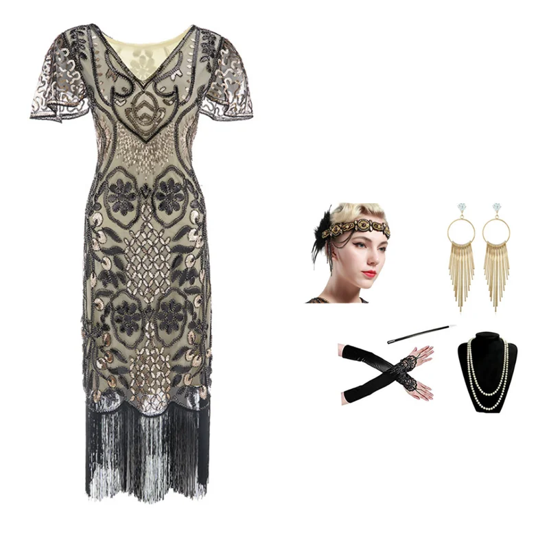 

1920 vintage v-neck dress high-end sequined dress handmade