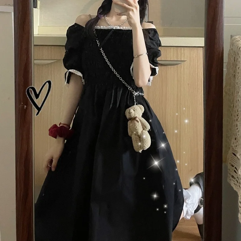 Платье женское черное с пышными рукавами простой Повседневный Сарафан во